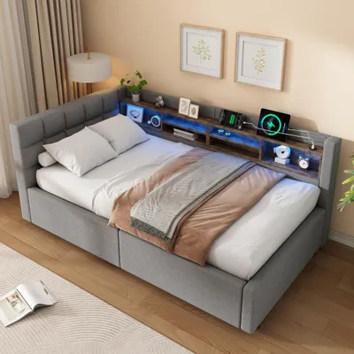Produktbild von Daybett, Multifunktionales Schlafsofa mit dimmbarer LED-Beleuchtung und USB-Anschluss, inklusive praktischen Regal und hydraulischem Stauraum, Ohne Matratze, Grau , 90x200 cm