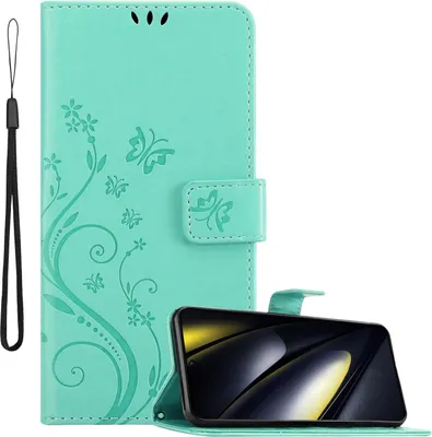 Image de Cadorabo Housse pour Xiaomi Poco F6 Housse en FLORAL TURQUOISE Housse de protection au design floral avec fermeture magnétique, fonction de rangement et porte-cartes Book Case Cover