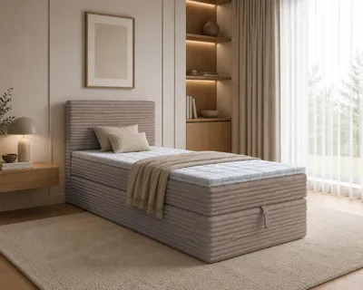 Produktbild von Boxspringbett NESO MINI, Bett mit Cordstoffbezug Einzelbett mit Bonellfederkernmatratze, Bettkasten (80x200, Cappuccino - Tilia 17, topper VISCO)
