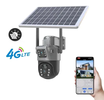 Produktbild von Solar-Überwachungskamera - PTZ-CCTV-Kamera - 4G 3 MP - Doppelobjektiv - 360°-Panoramaansicht - PIR-Personenverfolgung - Grau