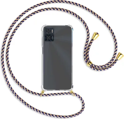 Produktbild von Handykette Backcover-Schutzhülle mit Band (Metall goldfarben) für Motorola Moto E22, Moto E22i 4G - blau+beige