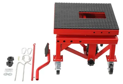 Produktbild von Motorrad-Hebebühne - Hydraulischer Scherenständer - 158 kg Tragfähigkeit - Sicherheitsverriegelungsbolzen - J-Haken - 350–905 mm Hubhöhe - Für Geländemotorräder