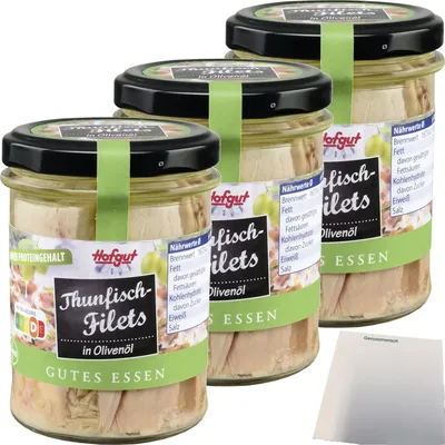 Produktbild von Hofgut Thunfisch Filets in Olivenöl 3er Pack (3x190g Glas) + usy Block