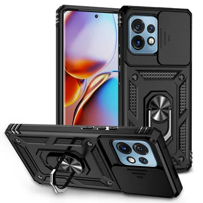 Immagine prodotto di Custodia per Motorola Edge+ (2023) a doppio strato con copertura scorrevole della fotocamera e supporto ad anello nero