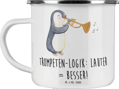 Produktbild von Mr. & Mrs. Panda Blechtasse Trompeten Weisheit - Weiß - Geschenk, Pott, becher emaille, Outdoor Tasse, Haferl, Blasinstrumente, Musikinstrumente, Musik, Lernen, jazzig