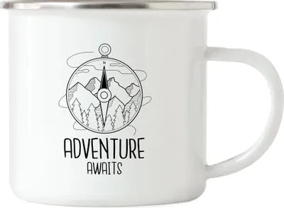 Produktbild von Adventure Awaits Emaille Tasse Camping Reisen Abenteuerlust Kompass Urlaub