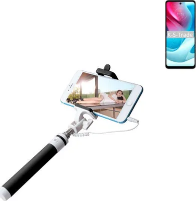 Produktbild von K-S-Trade Selfie Stick kompatibel mit Motorola Moto G60S Selfiestick kabelgebunden Monopod mit Kabel Stab Stange Selfportrait Handheldstick schwarz