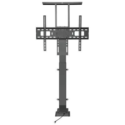 A dark gray electric TV lift stand is shown against a white background.