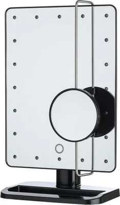 A makeup mirror with LED lights and a magnifying attachment.