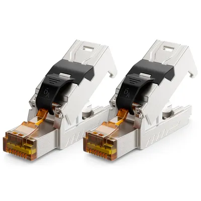 Produktbild von deleyCON 2x CAT 6a Netzwerkstecker RJ45 mit LSA Anschluss Werkzeuglos für Starre Verlegekabel LAN Kabel Netzwerkkabel RJ45 Stecker CAT6a Geschirmt Metallgehäuse 10Gbit/s
