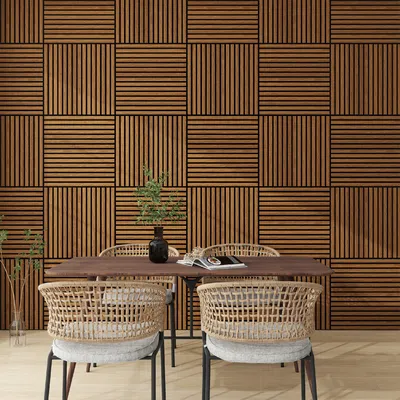 A dining table with chairs set against a wood-paneled wall.