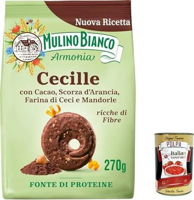 Produktbild von 12x Mulino Bianco Cecille, Mürbeteigkekse mit Kakao, Orangenschale, Kichererbsen- und Mandelmehl, reich an Ballaststoffen, Proteinquelle, 270g + Italian gourmet polpa 400g