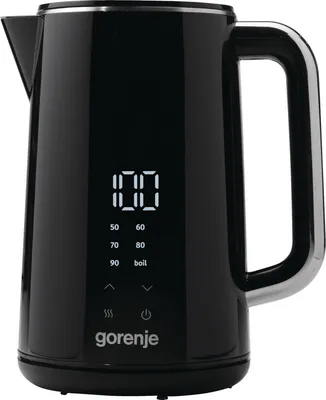 A black electric kettle with a digital display and temperature controls.