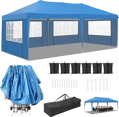 Obrázek produktu pro Párty stan altán 3x6 m - Skládací altán - Voděodolný - HDPE sPolyuretanpovlakem - Hliníkový rám - Čtyři boční stěny - Modrá barva