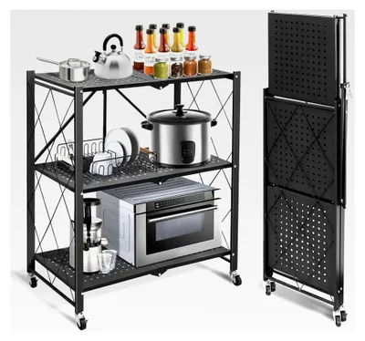 Produktbild von Faltbares Regal mit Rollen, Klappregal, 3 Etagen Metallregal, trägt bis zu 120 kg - Keine Montage erforderlich für Wohnzimmer, Küche & Keller, 72 x 34 x 85 cm, Schwarz
