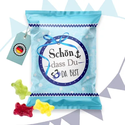 Produktbild von 10 Stück kleine Päckchen Gummibärchen give-away - Geschenk SCHÖN DASS DU DA BIST ANKER blau türkis WEISS Gastgeschenke Mitgebsel Hochzeit Geburtstag Fest Feier Gäste hellblau25 Stück