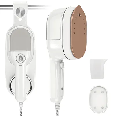 Collage showing a white and gold portable garment steamer with accessories.