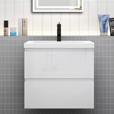 Produktbild von Badmöbel Set HUTI-Serie 60cm Mineralguss Waschbecken mit Unterschrank Badezimmermöbel mit 2 Schubladen Hochglanz Weiß Hängeschrank