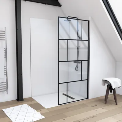 Produktbild von Duschwand MARWELL in modernem Design 90 x 195 cm - Trennwand aus Glas mit matt schwarzen Wandprofil - mit Einscheibensicherheitsglas