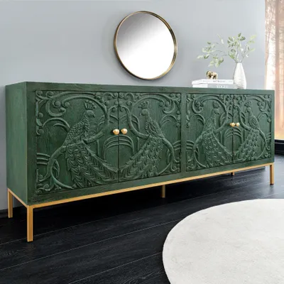 Produktbild von riess-ambiente Massives Sideboard PEACOCK 175cm grün Mangoholz antik 3D Schnitzerei Pfau-Design Kommode Anrichte Schrank