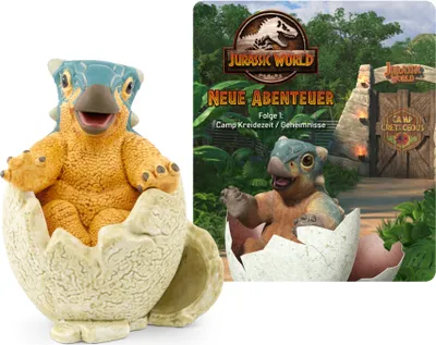 A product image showing a toy dinosaur hatching from an egg on the left, and a promotional image for a Jurassic World series on the right.