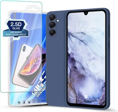 A smartphone case and screen protector are displayed together.