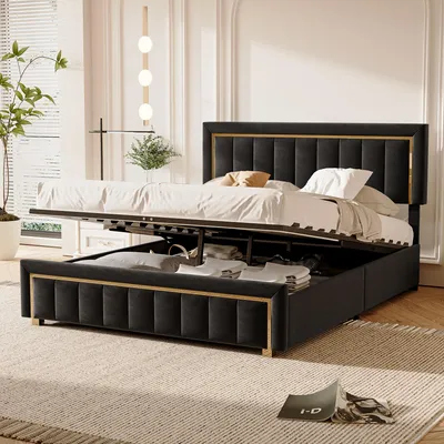 Image de Lit 160x200 cm avec tête de lit avec rangement et sommier à lattes, couleur noire
