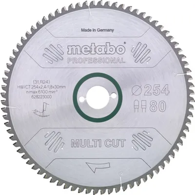 A circular saw blade with brand and technical specifications printed on it.