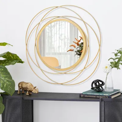 Image de Miroir rond pour mur, doré, en métal, 30x30 cm