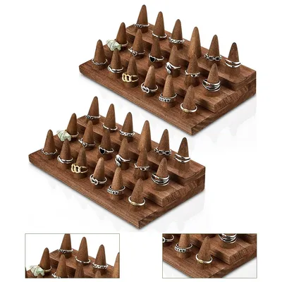 Produktbild von Schmucktheke aus Holz, 2-teilig, Ringhalter für Schmuck, aus Holz, Vitrine, 3-stufiger Ring-Organizer für 18 Ringe, Aufbewahrung, Verkauf, braun