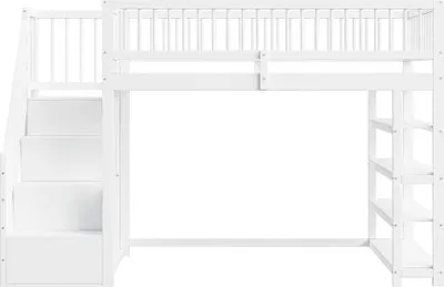 Produktbild von Hochbett 90x200cm ohne Matratze Hochzaun Kleiderschrank Sicherheitskletterleiter Multifunktionsbett Massivholzbett Weiss Kinderbett Jugendbett