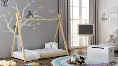 Produktbild von Kiefernholzbett für Kinder, Meble Wróbel, Bodenbett Tipi, 80 x 180 cm, Höhe 143 cm, Naturbelassen