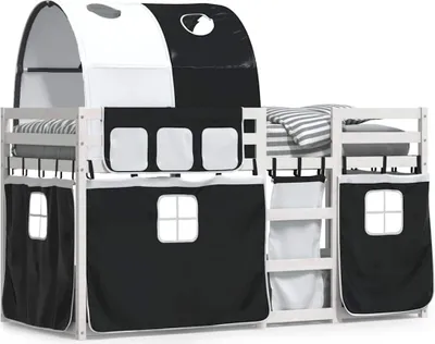 Image de vidaXL Lit superposé avec rideaux blanc noir 90x200 cm en pin