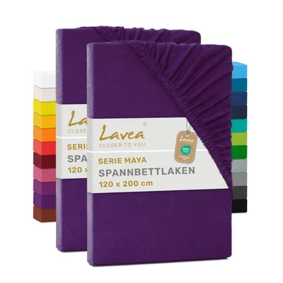 Produktbild von Lavea® 2er Pack Jersey Spannbettlaken 120x200cm, 100% Baumwolle – Weiches Bettlaken für Matratzen bis 20 cm Höhe – Dunkellila