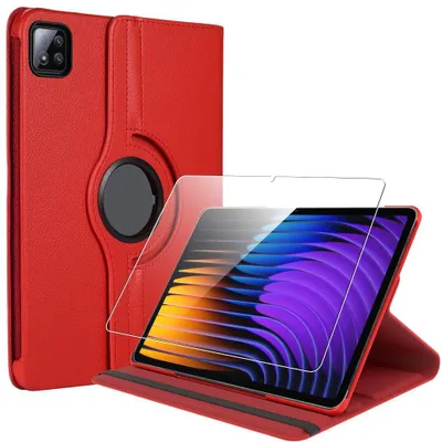 Image de Coque + Verre Trempé pour Xiaomi Pad 7 / 7 Pro - Protection avec Support Rotatif CuirPolyuréthaneRouge