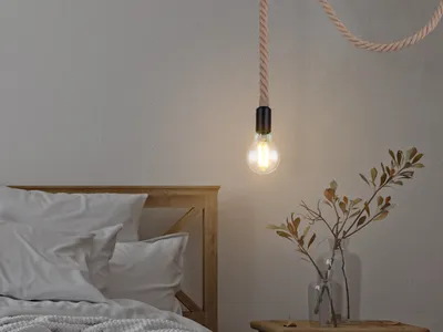 Produktbild von LED Pendelleuchte für hohe Decken & Räume, lange Seillampe hängend über Esstisch