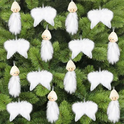 Weihnachtsbaumdekoration weiß, 16 Stück, Feder-Engel & Wichtel