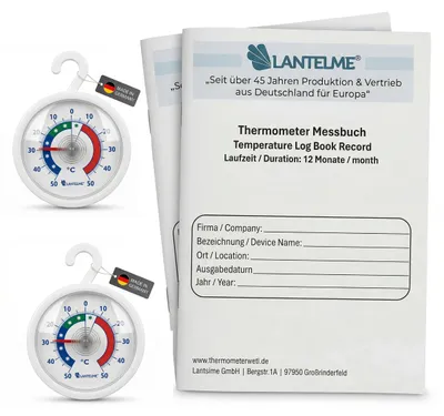 Produktbild von 2 Stück Kühlschrank Thermometer und Protokollhefte Set Messbuch Temperatur Messwerte 3 täglich über 12 Monate Dokumentieren Gefrierschrank Messheft