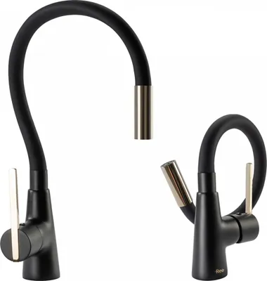 Two black kitchen faucets with gold accents, shown from different angles against a white background.