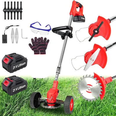 A collage of a cordless grass trimmer and its accessories, set against a grassy background.
