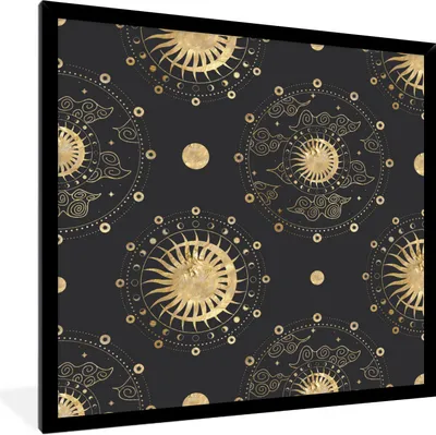 Produktbild von MuchoWow® Gerahmtes Poster Muster - Mond - Sonne - Gold 40x40 cm - Poster mit Schwarzem Bilderrahmen Wandposter Rahmen Foto Bilder - Mit Rahmen - Wanddekoration Schlafzimmer