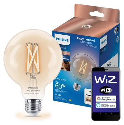 Zdjęcie produktu dla Philips Przezroczysta żarówka w kształcie kuli z widocznym spiralnym żarnikiem 7 W (odp. 60 W) G95 E27, Wi-Fi/Bluetooth, Wi-Fi 4 (802.11n), 802.11b, 802.11g, LED, E27, G95, 2700 K