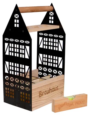 Produktbild von UNUS Brauhaus Bierträger Flaschenhalter 6er mit Schnapsglashalter Fachwerkoptik