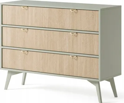 Obrázek produktu pro DŘEVĚNÁ komoda se 3 zásuvkami - Příborník na nožičkách - Moderní design - Zlaté hliníkové úchyty - Světle zelená barva