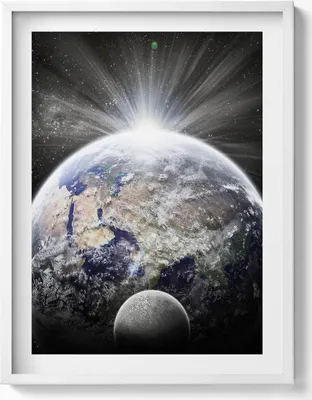 Produktbild von Ansicht der Erde und des Mondes– Wandbild mit Rahmen – Gerahmtes Bild  – Wanddekoration – 60x80 cm –  Weiß Rahmen