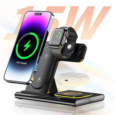 Produktbild von 3-in-1 faltbare Ladestation, kompatibel mit iPhone 17/16/15/14/13, für Watch 11/10/9/SE, für AirPods, 15W, Nachtlicht