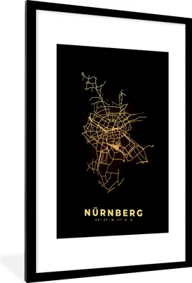 Produktbild von MuchoWow® Gerahmtes Poster Nürnberg - Gold - Stadtplan - Karte 60x90 cm - Poster mit Schwarzem Bilderrahmen Wandposter Rahmen Foto Bilder - Dekoration - Wandposter Wohnzimmer - Hochwertig
