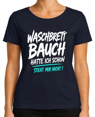 Productafbeelding van "Waschbrettbuik"-shirt met opdruk, ironische boodschap, dames T-shirt, marineblauw, maat XL