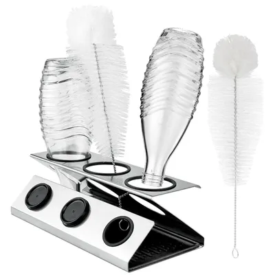Produktbild von Abtropfständer aus Edelstahl für Flaschen – mit Deckelhalter, Silikon-Auffangschale & Reinigungsbürste, kompatibel mit Sodaflaschen