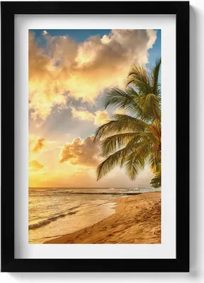 Produktbild von Palmen, Strand und Meer bei Sonnenuntergang– Wandbild mit Rahmen – Gerahmtes Bild – Wanddekoration – 20x30 cm – Schwarz